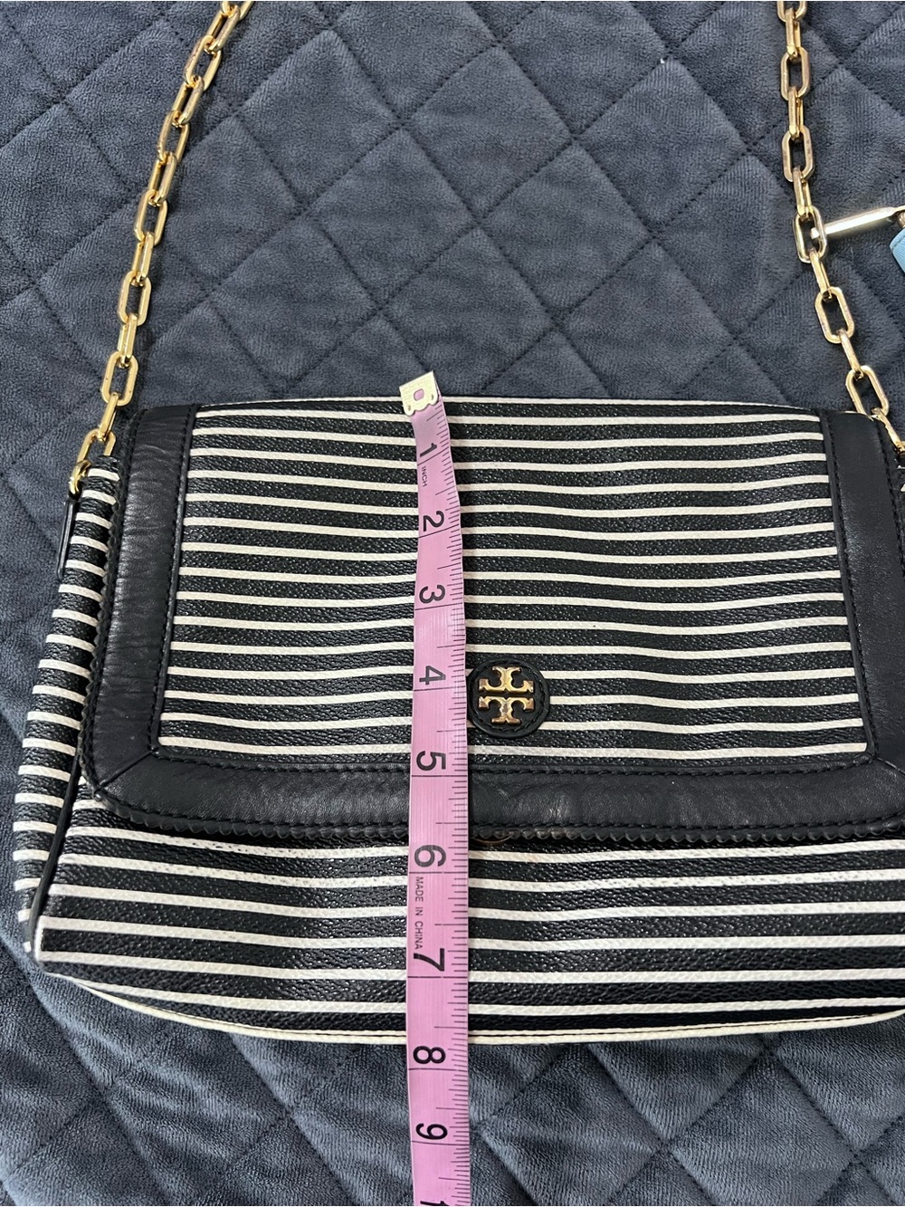 Tory Burch Crossbody Bag Purse Viva Striped & Wallet Black Leather Chain Strap - Picture 3 of 16